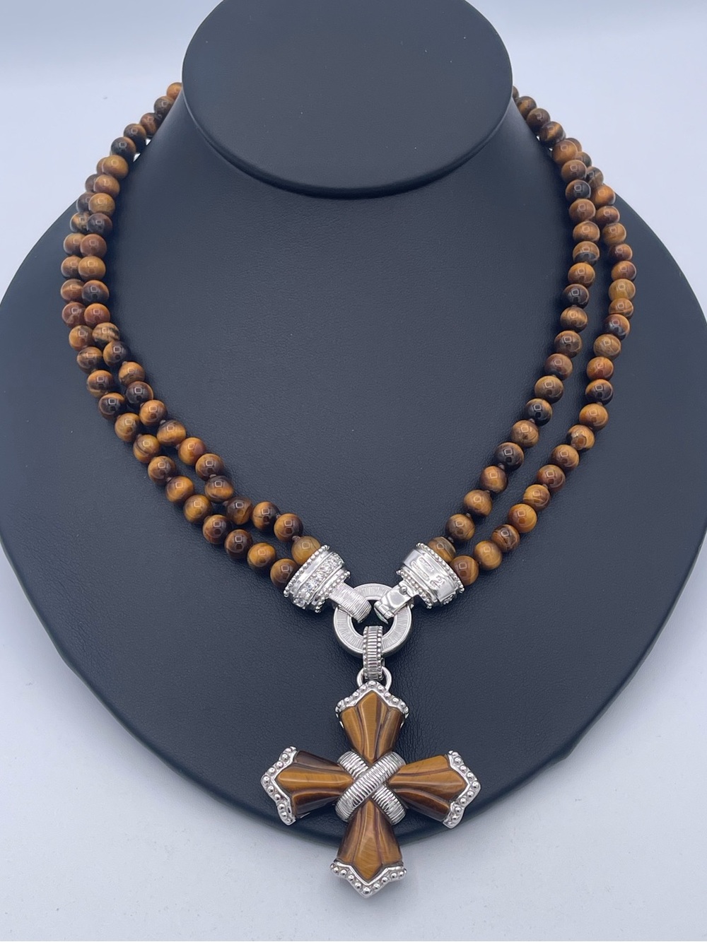 Judith Ripka 925 Sterling Silver Tiger’s Eye 2-Strand Necklace & Cross Enhancer
